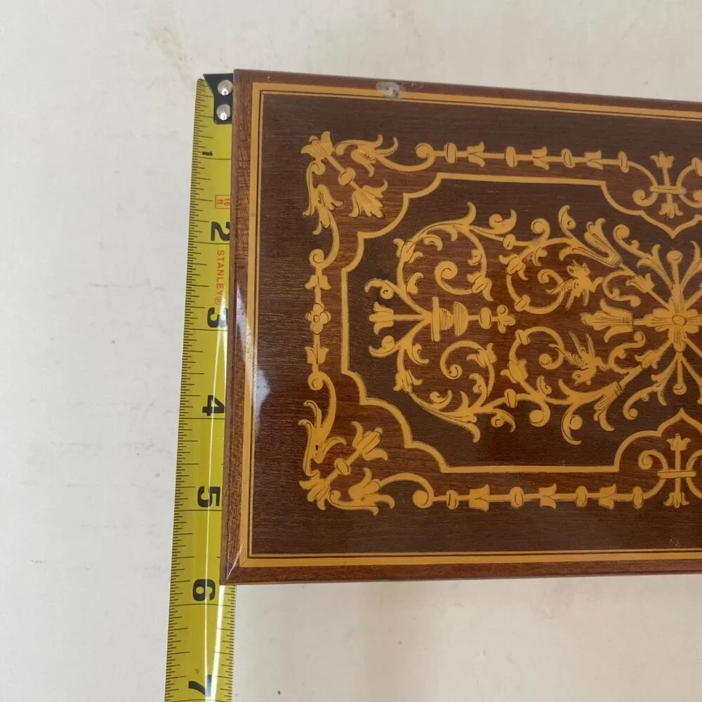 Vintage Wooden Inlaid Music Jewelry Box Ornate‎ Floral Design Red Velvet MCM